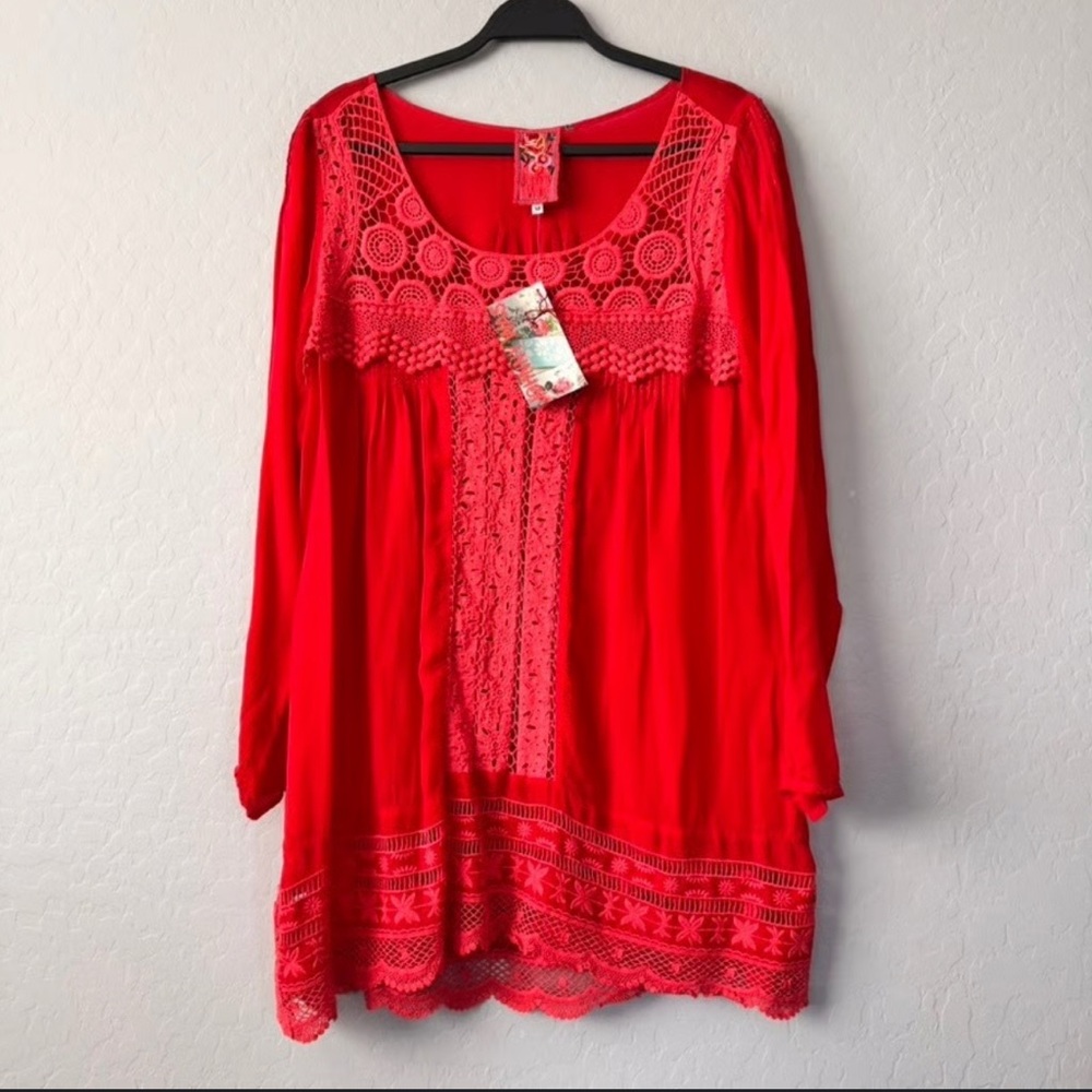 #174 Johnny Was Tunic Blouse Crochet trim Boho style
